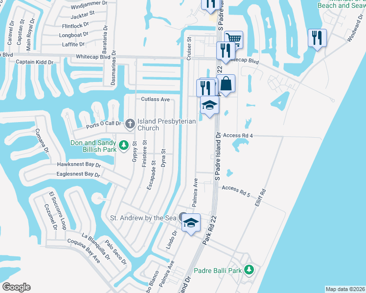 map of restaurants, bars, coffee shops, grocery stores, and more near 15513 Cruiser Street in Corpus Christi