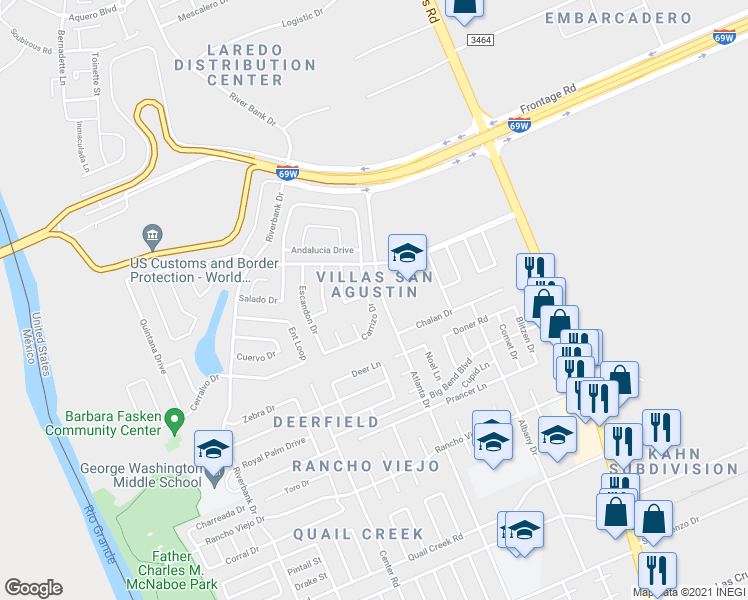 map of restaurants, bars, coffee shops, grocery stores, and more near 11155 Carrizo in Laredo