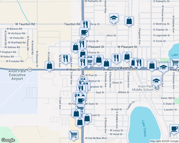 map of restaurants, bars, coffee shops, grocery stores, and more near 939 West Main Street in Avon Park