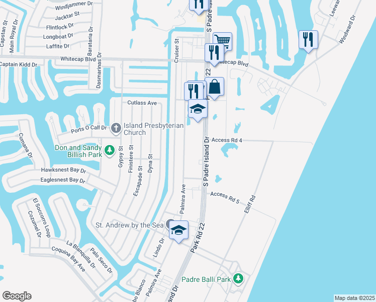 map of restaurants, bars, coffee shops, grocery stores, and more near 15514 Palmira Avenue in Corpus Christi