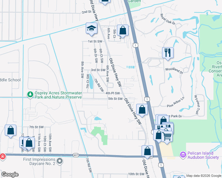 map of restaurants, bars, coffee shops, grocery stores, and more near 569 Caribbean Circle in Vero Beach