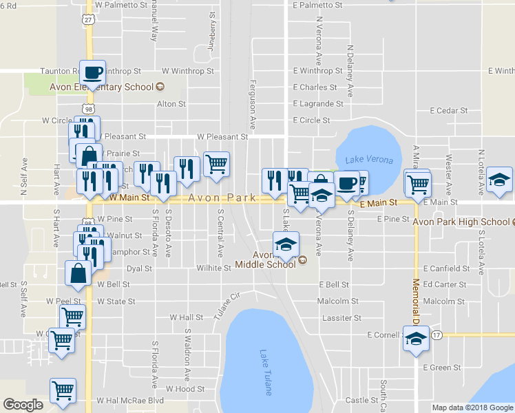 map of restaurants, bars, coffee shops, grocery stores, and more near 203 West Main Street in Avon Park