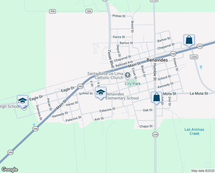 map of restaurants, bars, coffee shops, grocery stores, and more near 135 Santa Rosa De Lima Street in Benavides