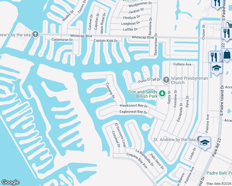 map of restaurants, bars, coffee shops, grocery stores, and more near 15646 Cumana Drive in Corpus Christi