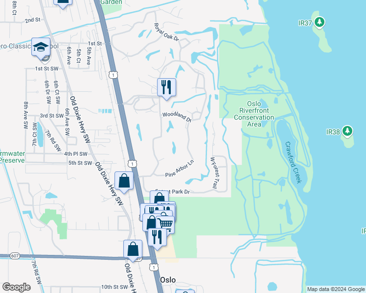 map of restaurants, bars, coffee shops, grocery stores, and more near 30 Pine Arbor Lane in Vero Beach