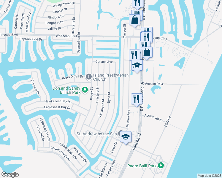 map of restaurants, bars, coffee shops, grocery stores, and more near 15530 Dyna Street in Corpus Christi