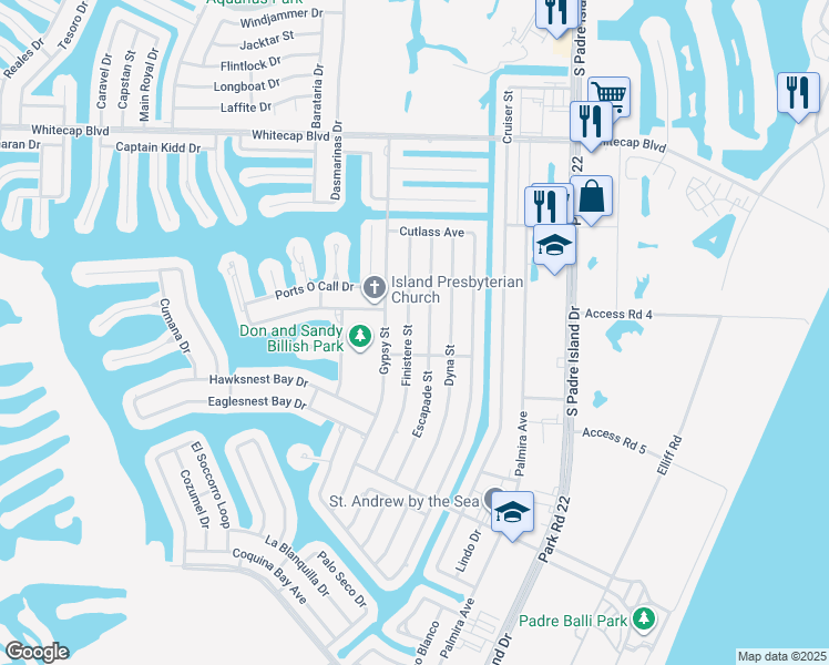 map of restaurants, bars, coffee shops, grocery stores, and more near 15530 Finistere Street in Corpus Christi
