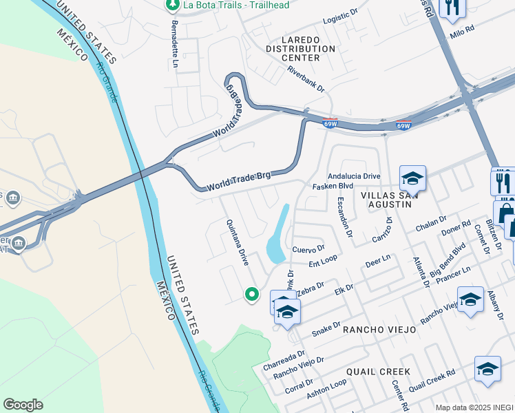 map of restaurants, bars, coffee shops, grocery stores, and more near 11317 Palmillas Loop in Laredo