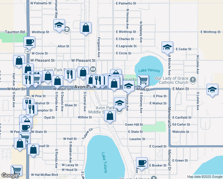 map of restaurants, bars, coffee shops, grocery stores, and more near 5 West Main Street in Avon Park