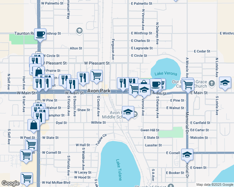 map of restaurants, bars, coffee shops, grocery stores, and more near 203 West Main Street in Avon Park