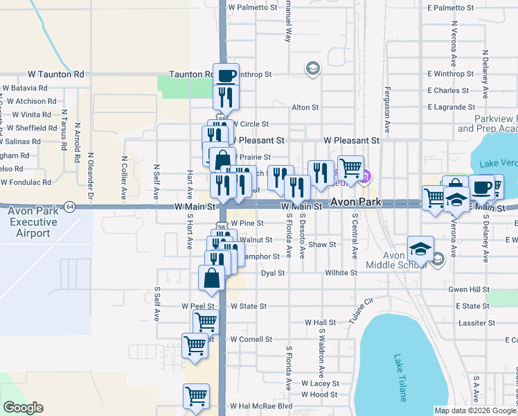 map of restaurants, bars, coffee shops, grocery stores, and more near 939 West Main Street in Avon Park