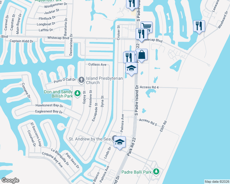 map of restaurants, bars, coffee shops, grocery stores, and more near 15513 Cruiser Street in Corpus Christi