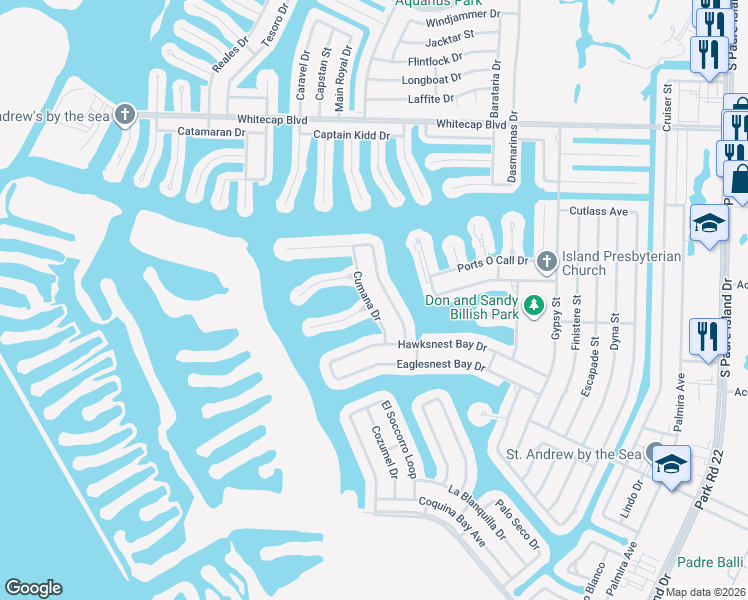 map of restaurants, bars, coffee shops, grocery stores, and more near 15646 Cumana Dr in Corpus Christi