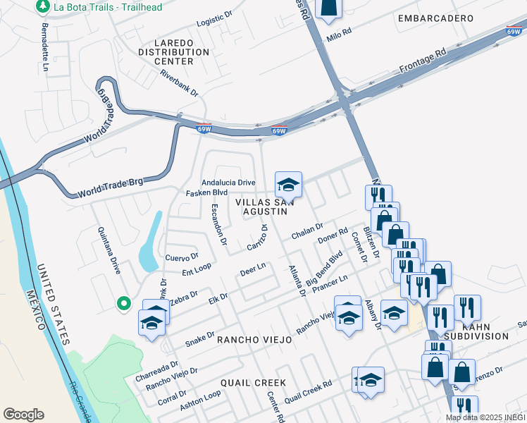 map of restaurants, bars, coffee shops, grocery stores, and more near 11155 Carrizo in Laredo