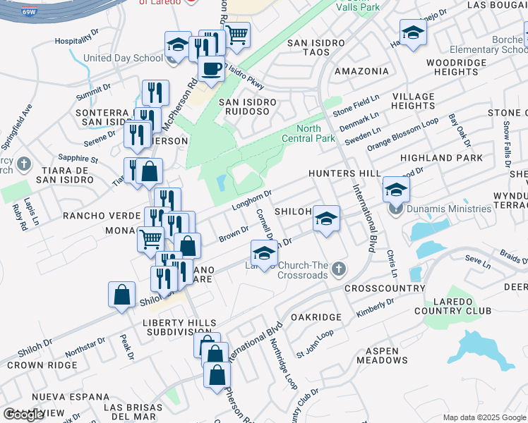 map of restaurants, bars, coffee shops, grocery stores, and more near 9007 Cornell Drive in Laredo