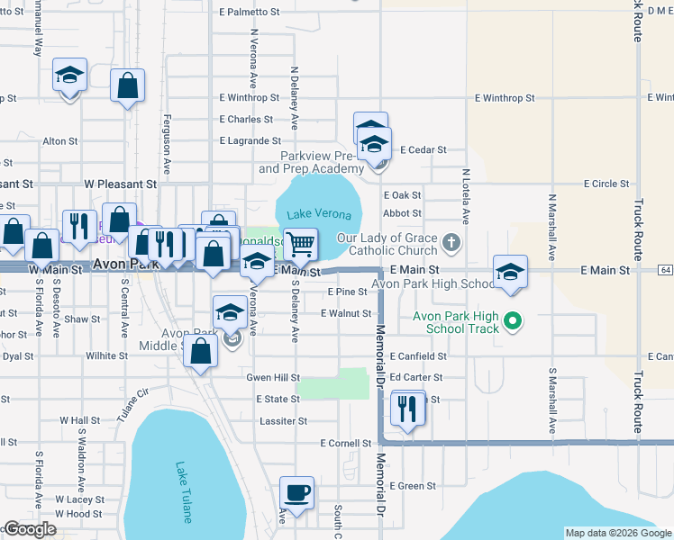 map of restaurants, bars, coffee shops, grocery stores, and more near 293 E Main St in Avon Park