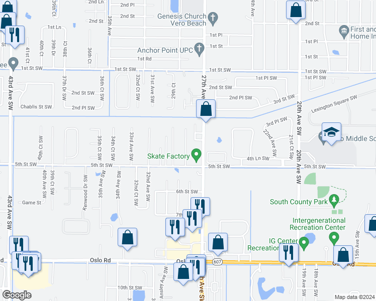 map of restaurants, bars, coffee shops, grocery stores, and more near 440 28th Court Southwest in Vero Beach
