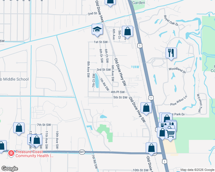 map of restaurants, bars, coffee shops, grocery stores, and more near 435 7th Road Southwest in Vero Beach