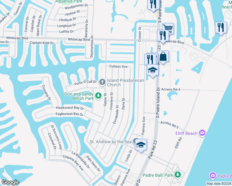 map of restaurants, bars, coffee shops, grocery stores, and more near 15530 Finistere Street in Corpus Christi