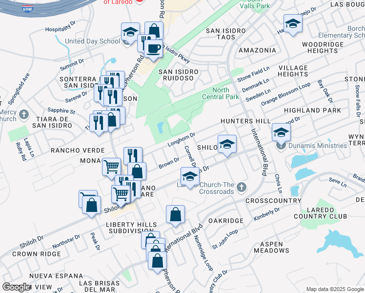 map of restaurants, bars, coffee shops, grocery stores, and more near 9007 Cornell Drive in Laredo