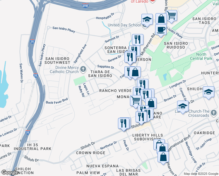 map of restaurants, bars, coffee shops, grocery stores, and more near 995 Tiara Trail in Laredo
