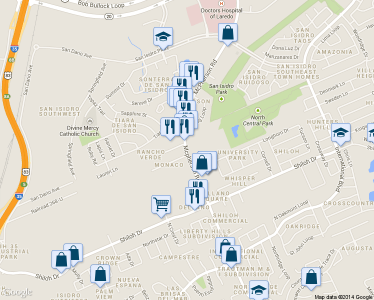 map of restaurants, bars, coffee shops, grocery stores, and more near 9417 McPherson Road in Laredo