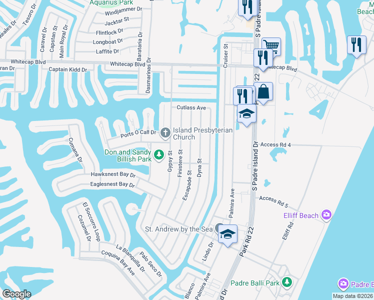 map of restaurants, bars, coffee shops, grocery stores, and more near 15530 Finistere Street in Corpus Christi