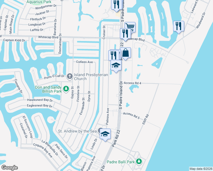 map of restaurants, bars, coffee shops, grocery stores, and more near 15514 Palmira Avenue in Corpus Christi