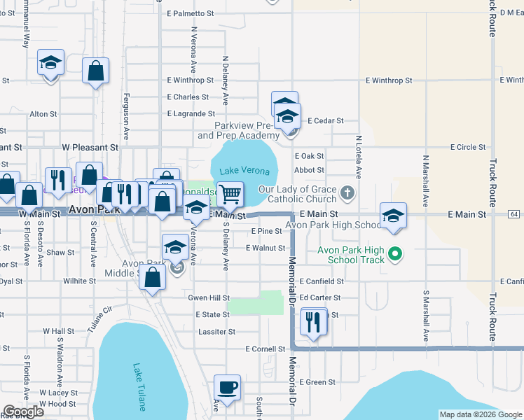 map of restaurants, bars, coffee shops, grocery stores, and more near 223-293 E Main St in Avon Park