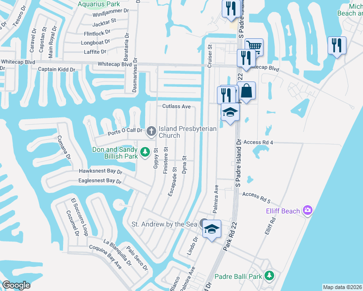 map of restaurants, bars, coffee shops, grocery stores, and more near 15530 Dyna Street in Corpus Christi