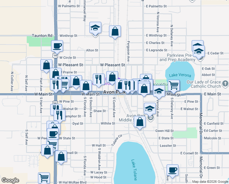 map of restaurants, bars, coffee shops, grocery stores, and more near in Avon Park