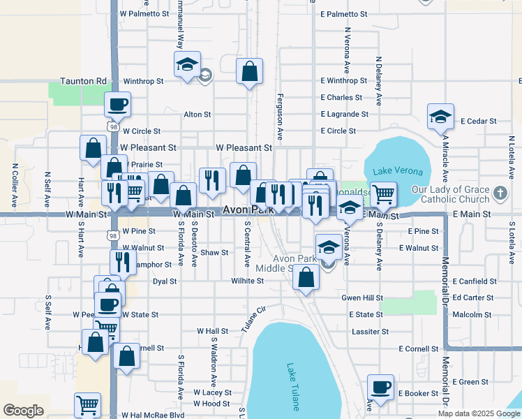 map of restaurants, bars, coffee shops, grocery stores, and more near 17 North Museum Avenue in Avon Park