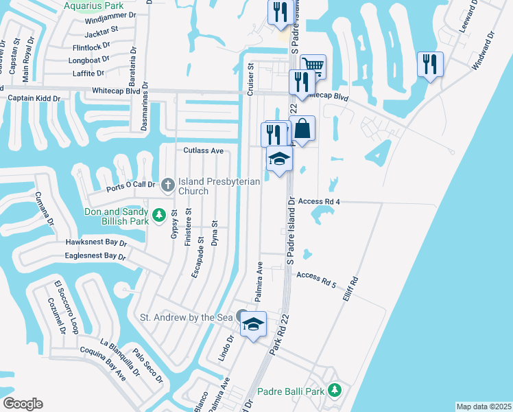 map of restaurants, bars, coffee shops, grocery stores, and more near 15514 Palmira Avenue in Corpus Christi