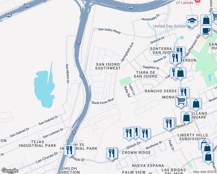 map of restaurants, bars, coffee shops, grocery stores, and more near 1302 Sambar Loop in Laredo