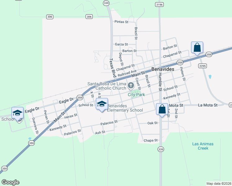 map of restaurants, bars, coffee shops, grocery stores, and more near 135 Santa Rosa De Lima Street in Benavides