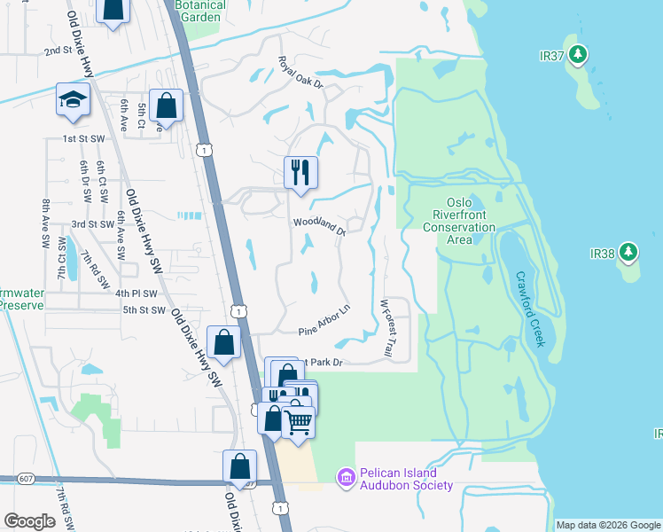 map of restaurants, bars, coffee shops, grocery stores, and more near 30 Pine Arbor Lane in Vero Beach