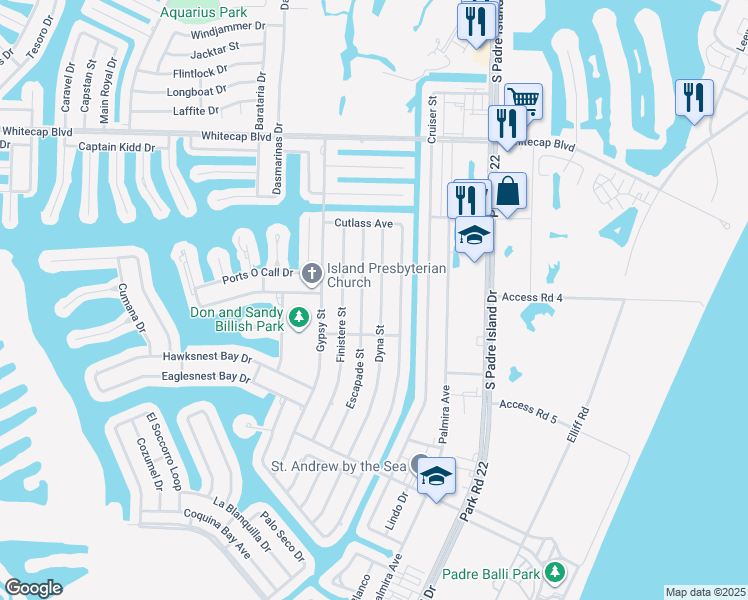 map of restaurants, bars, coffee shops, grocery stores, and more near 15530 Dyna Street in Corpus Christi