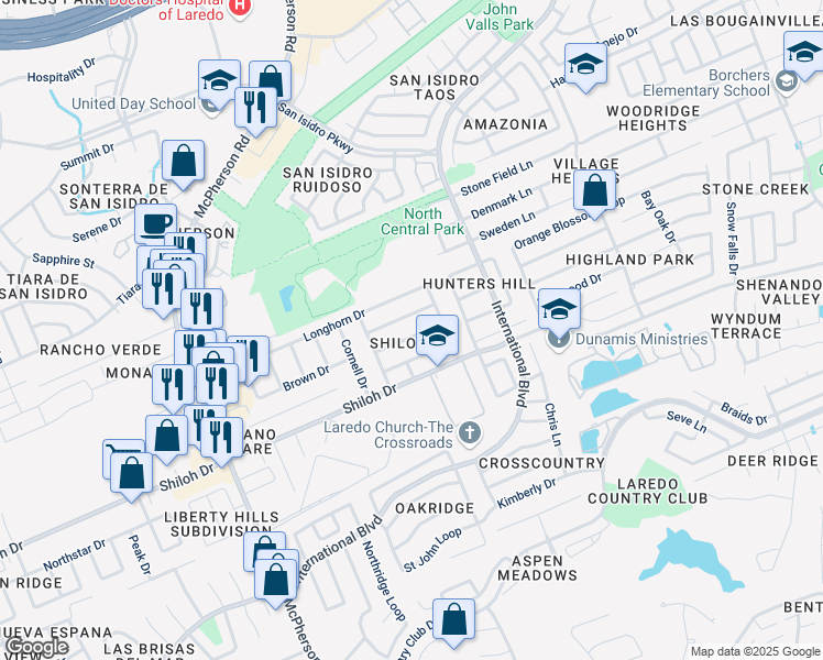 map of restaurants, bars, coffee shops, grocery stores, and more near 1420 Ozark Drive in Laredo