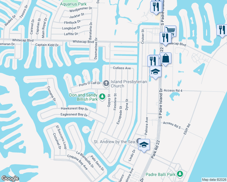 map of restaurants, bars, coffee shops, grocery stores, and more near 15530 Finistere Street in Corpus Christi