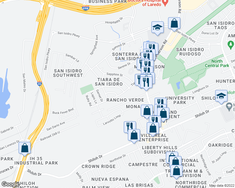 map of restaurants, bars, coffee shops, grocery stores, and more near 992 Tiara Trail in Laredo