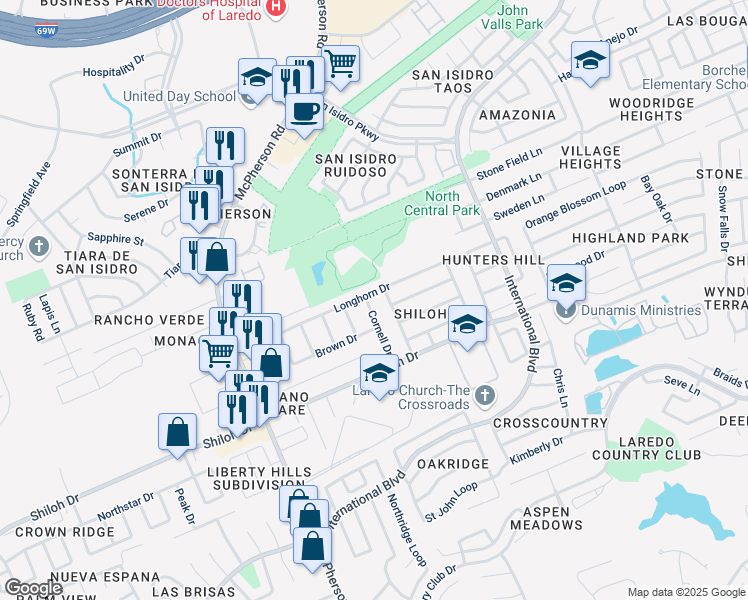 map of restaurants, bars, coffee shops, grocery stores, and more near 9007 Cornell Drive in Laredo