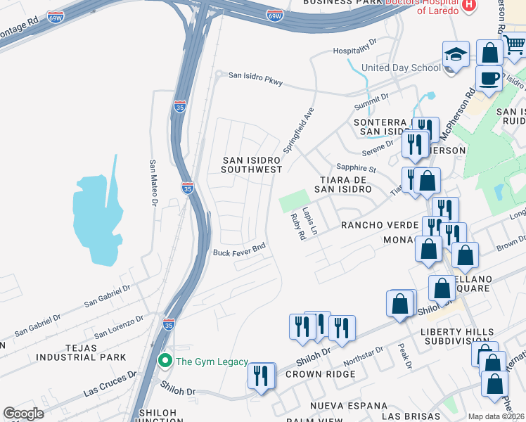 map of restaurants, bars, coffee shops, grocery stores, and more near Springfield Avenue in Laredo