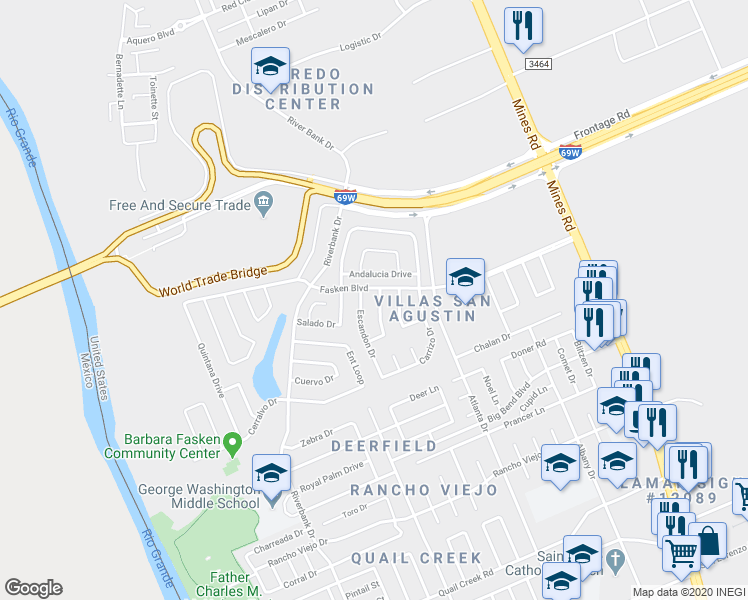 map of restaurants, bars, coffee shops, grocery stores, and more near 11136 Paso De Jacinto Loop in Laredo