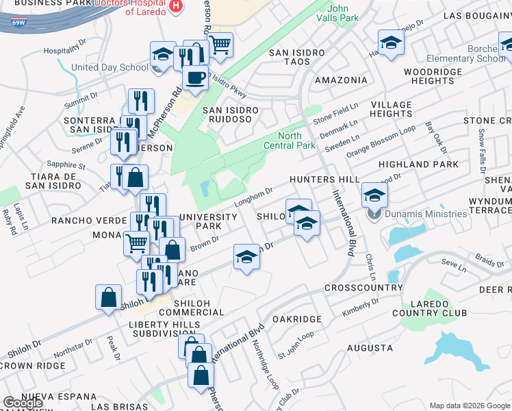 map of restaurants, bars, coffee shops, grocery stores, and more near 9007 Cornell Drive in Laredo