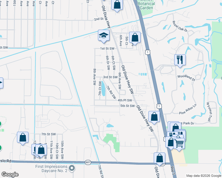 map of restaurants, bars, coffee shops, grocery stores, and more near 355 6th Road Southwest in Vero Beach