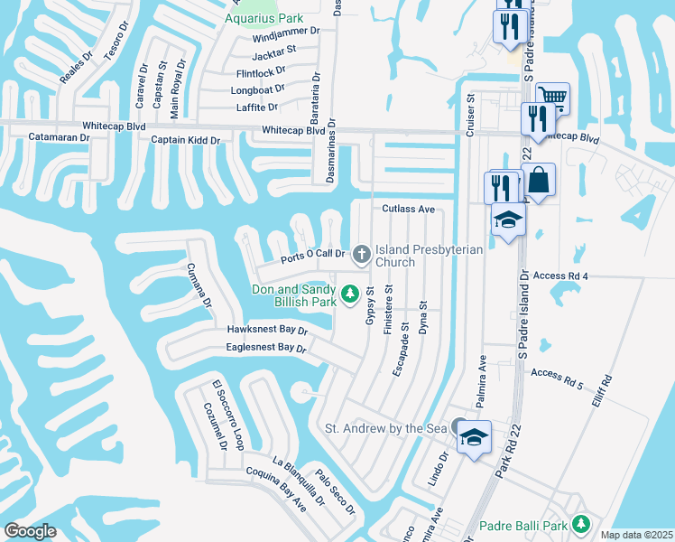 map of restaurants, bars, coffee shops, grocery stores, and more near 14005 Ports O Call Drive in Corpus Christi