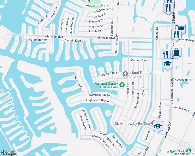 map of restaurants, bars, coffee shops, grocery stores, and more near 15422 Fortuna Bay Drive in Corpus Christi