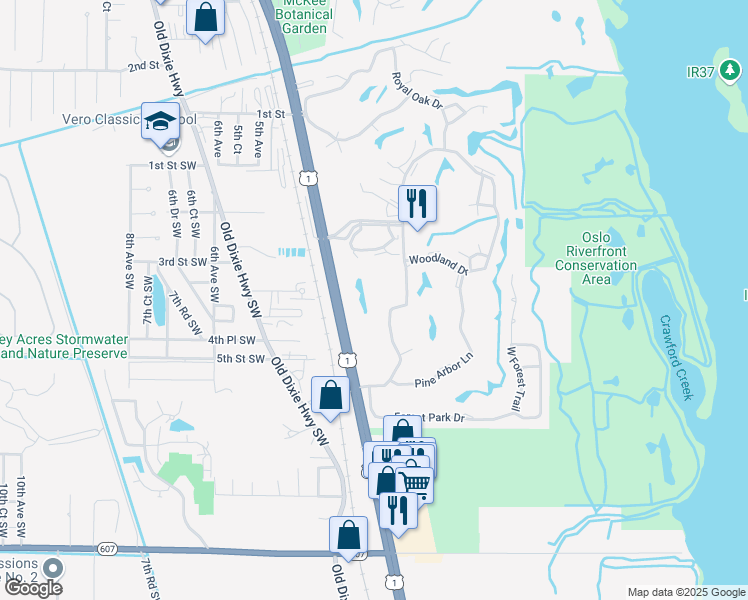 map of restaurants, bars, coffee shops, grocery stores, and more near 5 Vista Palm Lane in Vero Beach