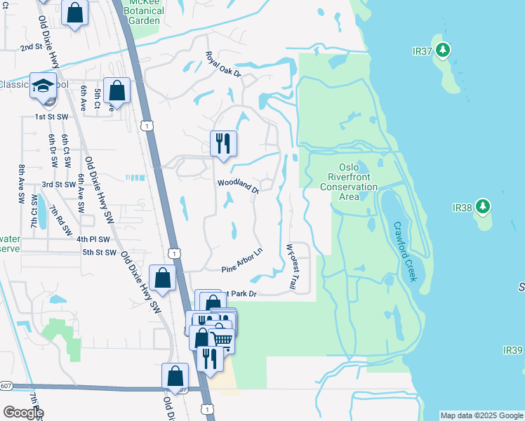 map of restaurants, bars, coffee shops, grocery stores, and more near 105 Pine Arbor Lane in Vero Beach