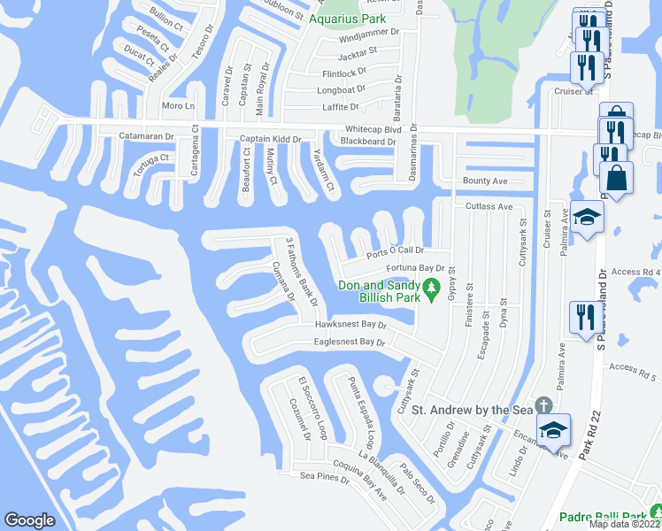 map of restaurants, bars, coffee shops, grocery stores, and more near 15409 Fortuna Bay Drive in Corpus Christi
